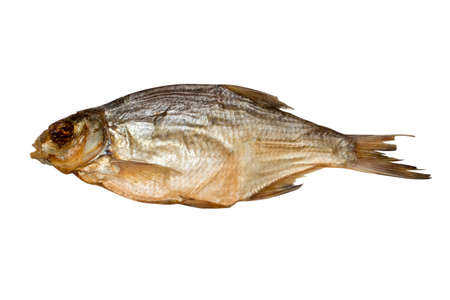 fish, dried bream with beer isolated on white backgroundの写真素材