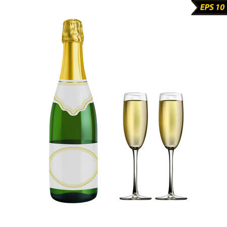 Champagne bottle and wine glasses vector illustration isolated on white photo realistic backgroundのイラスト素材