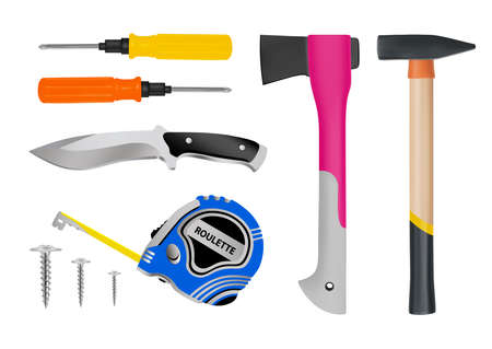 Construction tools.Set of tools.Screwdriver, hammer, ax, tape measure, knife, screw.Vector illustration.のイラスト素材