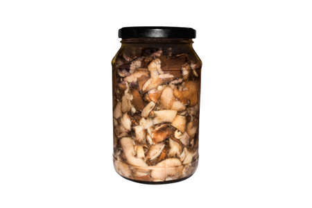 Mushrooms marinated boletus in a jar on a white background.の写真素材