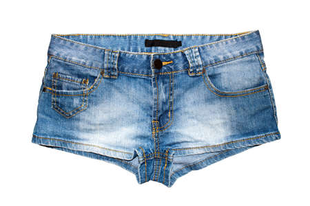 Women's denim shorts on white background.Short denim shorts.の写真素材