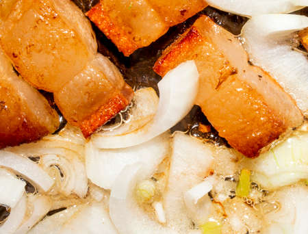 Fried lard with onions in vegetable oil.Background of bacon with onions.の写真素材