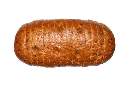 A loaf of black Russian bread on a white background. Black bread cut into pieces. Loaf of bread with...