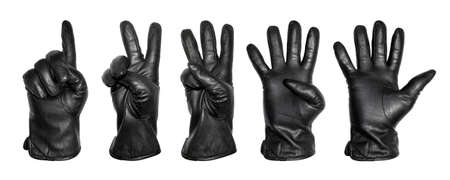 A set of five hands in a black leather glove with numbers in the form of fingers.Hands in leather gloves in the form of numbers 1,2,3,4,5 on a white background.の写真素材