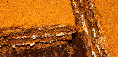 Layer cake honey cake with a layer of cream.Honey cake background.Classic honey cake with a homemade...