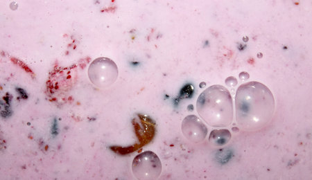 Blueberries and strawberries in milk.Wild berries with milk.Background of blueberries with...