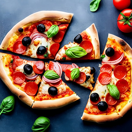 Italian spicy pepperoni pizza with sausage and basil.Italian pizza background.の素材