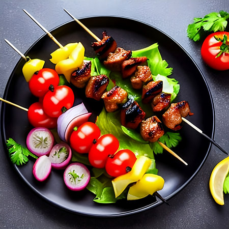 Caucasian shish kebab with herbs and vegetables.Lamb kebab with spices.Caucasian shish kebab on bamboo skewers.Grilled meat on coals.Barbecue background.の素材
