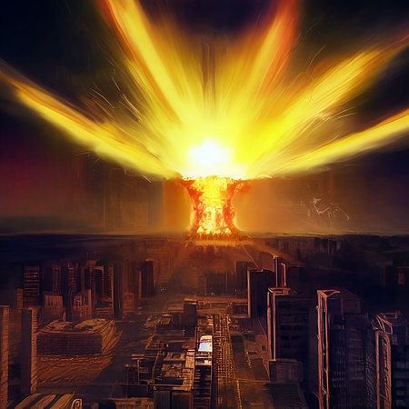 A nuclear explosion.The explosion of a nuclear bomb.The Third World War.The consequences of a dropped nuclear bomb.An illustration created using Generative AI technology.の素材