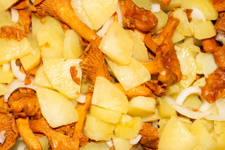 Fried potatoes with chanterelle mushrooms.Background of fried potatoes with chanterelles.Homemade Russian potatoes with mushrooms.の写真素材