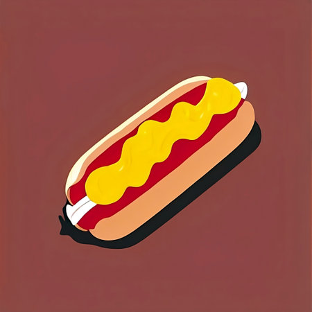Hot dog with ketchup and mustard.An illustration created using Generative AI technology. Fast food background.Sausage in dough with sauce.の素材