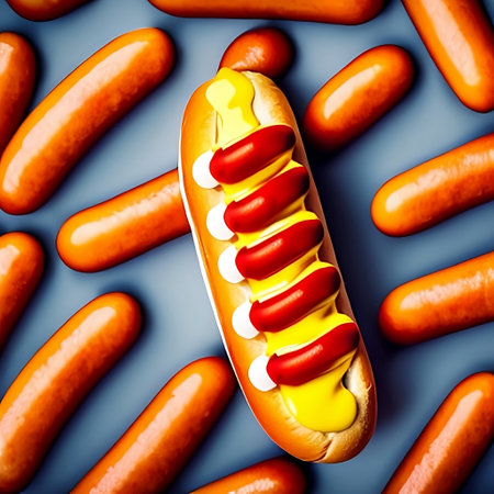 Hot dog with ketchup and mustard.An illustration created using Generative AI technology. Fast food background.Sausage in dough with sauce.の素材