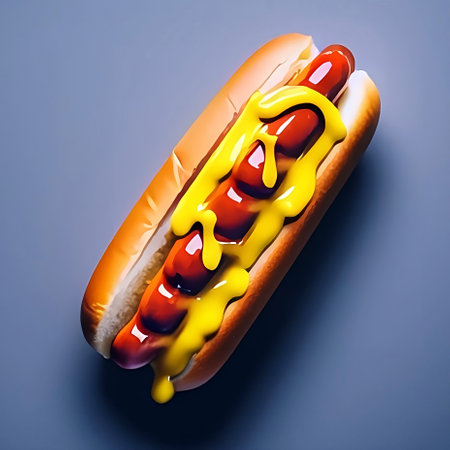Hot dog with ketchup and mustard.An illustration created using Generative AI technology. Fast food background.Sausage in dough with sauce.の素材