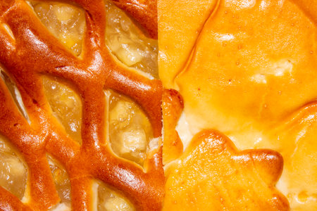 Homemade apple pies.Homemade meat pies.Pies with different fillings.Pies with a golden crust.Pies background.の写真素材