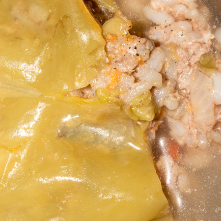 Stuffed peppers with gravy.Stuffed pepper background.Stuffed bell pepper.Pepper stuffed with minced...
