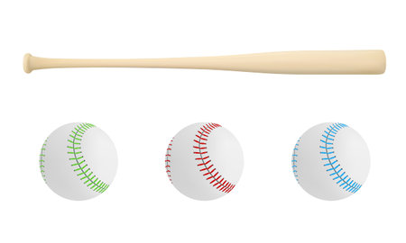 Baseball bat and ball in vector on white background. A baseball made of leather.A baseball bat in a vector.Photorealism.のイラスト素材