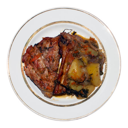Baked pork ribs with potatoes.Pork ribs with spices.Pork ribs background.Pork rib kebab.Barbecue ribs.の写真素材