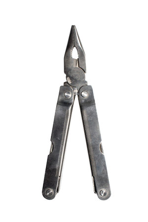 Multitool is multifunctional on a white background. A multitool with a variety of tools. Metal...