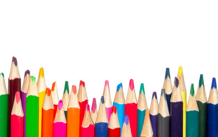 Colored wooden pencils on a white background.Colored pencils background.A set of colored pencils.Photo pencils.の写真素材