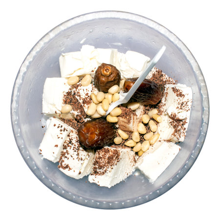 Ice cream with chocolate and nuts.Ice cream with pine nuts.Ice cream with chocolate chips.Ice cream by weight background.の写真素材