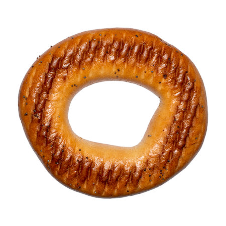 Vanilla bagel with poppy seeds on a white background. A bagel is a sweet bun. Bagel background. Baking a bagel.の写真素材