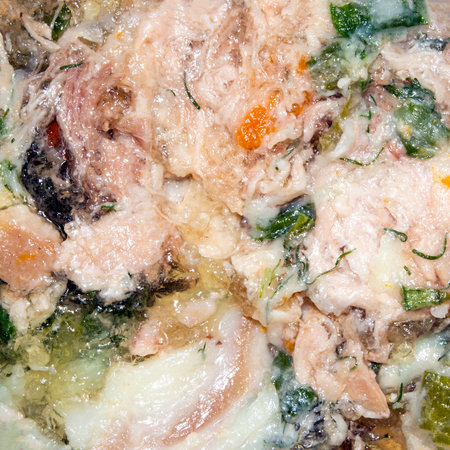 Russian homemade meat jelly.Hearty cold jelly.Aspic meat.Jelly meat background.Jelly-like meat...