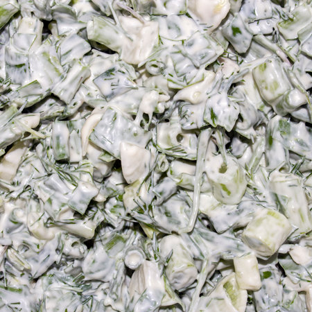 Green onion and dill with sour cream and mayonnaise.Greens with mayonnaise.Salad of greens.Green onion salad background.The salad is fresh.の写真素材