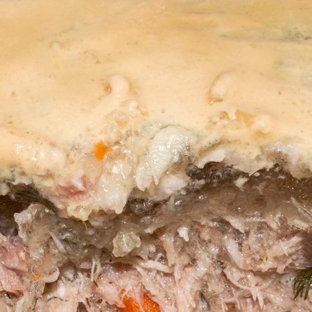 Russian homemade meat jelly.Hearty cold jelly.Meat aspic.Meat base in jelly.Meat snack in the form...