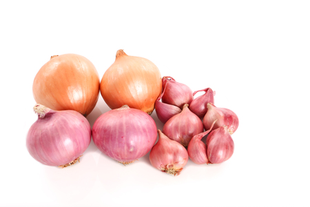 French red shallots and onions on white backgroundの写真素材