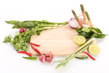 Ingredients for hot and sour Thai soup - Tom Yam with copy spaceの写真素材