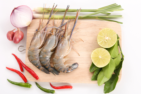 Raw shrimps and vegetables for hot and sour Thai soup, Tom Yam Kungの写真素材