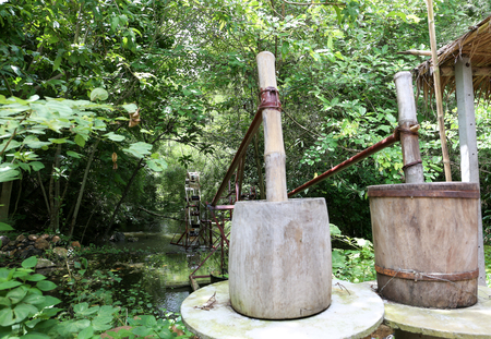 Manual pulper coffee seeds use machanic force from natural water resourceの写真素材