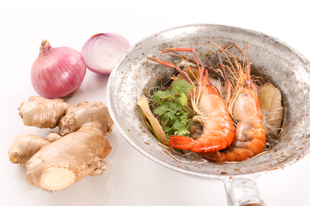 Thai baked shrimp with glass noodle in white background - top viewの写真素材