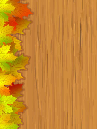 Fall coloured leaves making a border on a wooden background, Fall Leaves. の写真素材