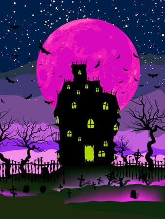 Grungy Halloween background with haunted house, bats and full moon.  のイラスト素材