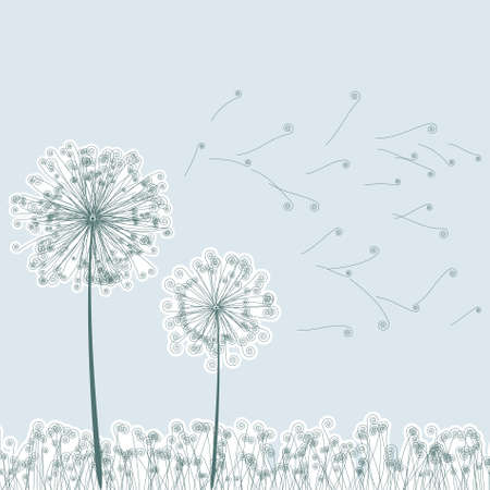 Vintage two dandelions in wind on light blue background. EPS8. To see similar visit my portfolioのイラスト素材