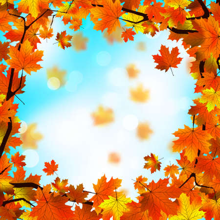 Red and yellow leaves against a bright blue sky. Bokeh effect のイラスト素材