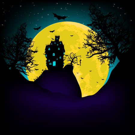Vector Haunted House on a Graveyard hill at night with full moon. EPS 8 vector file includedのイラスト素材