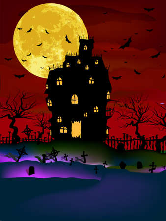 Vector Haunted House on a Graveyard hill at night with full moon. EPS 8 vector file includedのイラスト素材