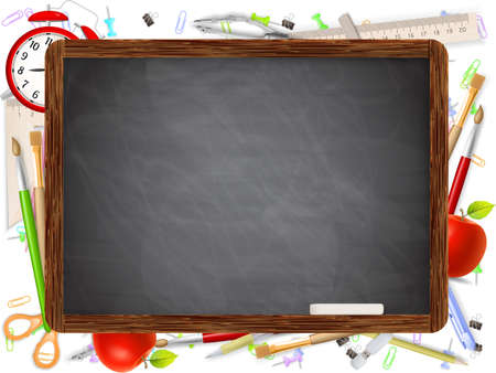 Black desk with copyspace and school supplies . のイラスト素材