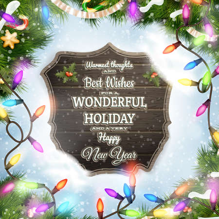 Merry Christmas wooden board with snow and Multi-coloured garland.  のイラスト素材