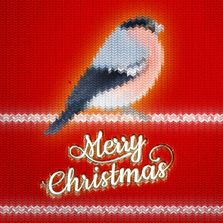 Christmas label with Bullfinch on a knitted red background.  のイラスト素材