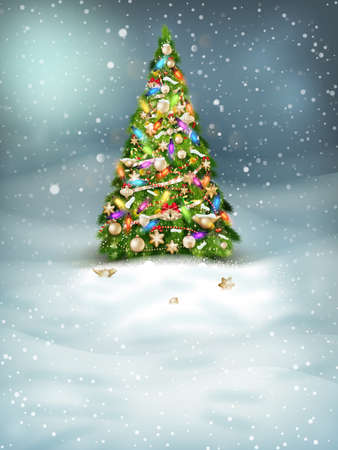 Christmas fir tree on winter landscape. のイラスト素材