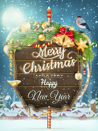 Wooden banner with Christmas Fur-tree branches. EPS 10 vector file includedのイラスト素材