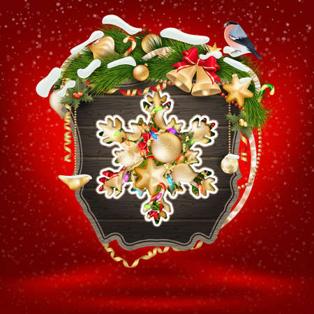 Wooden banner with Christmas Fur-tree branchesのイラスト素材