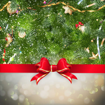 Golden Christmas greeting with baubles on fir-tree branches. EPS 10 vector file includedのイラスト素材