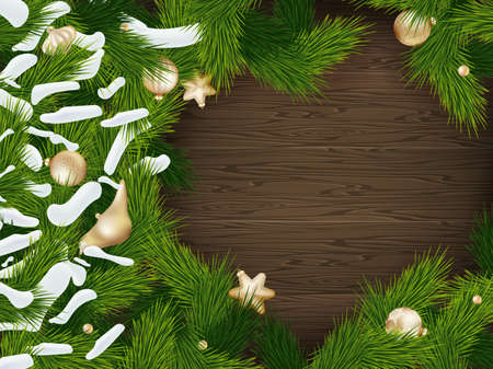 Christmas fir tree with baubles and snow on a wooden background. EPS 10 vector file includedのイラスト素材