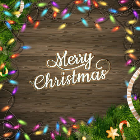 Christmas tree branch with lights on grunge wood background. EPS 10 vector file includedのイラスト素材
