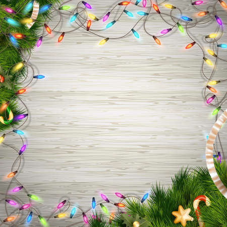 Christmas tree branch with lights on white wood background. EPS 10 vector file includedのイラスト素材
