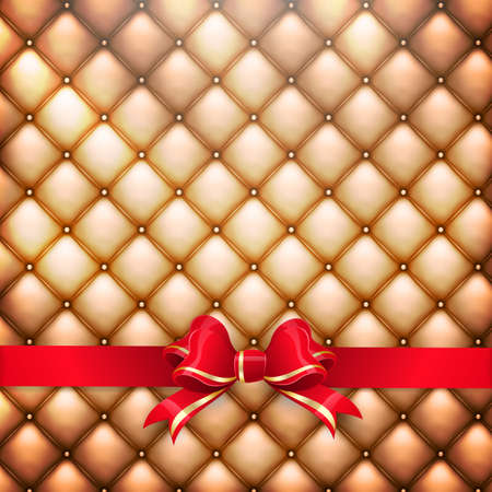 Illustration of golden realistic upholstery leather pattern background with red gift bow. EPS 10 vector file includedのイラスト素材